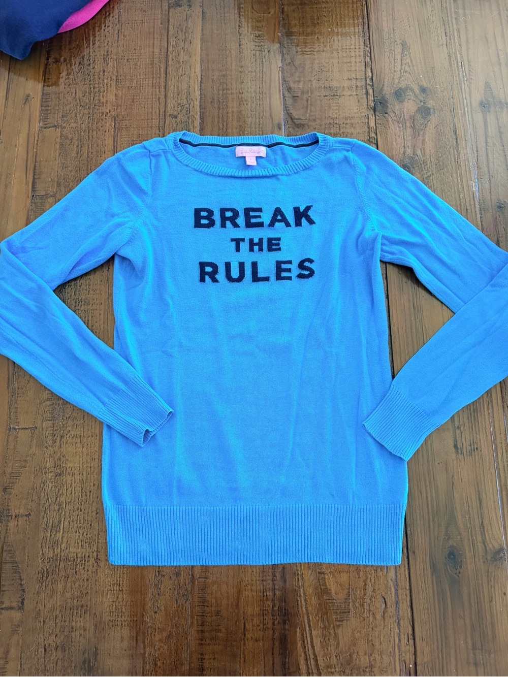 Lilly Pulitzer Blue boatneck Sweater with Black 'BREAK THE RULES' Graphic